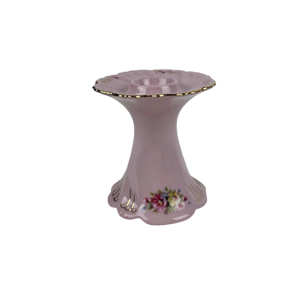 Vintage 40s Pink Candleholder Gold Floral Porcelain Leander 1946 RGK - Picture 1 of 7